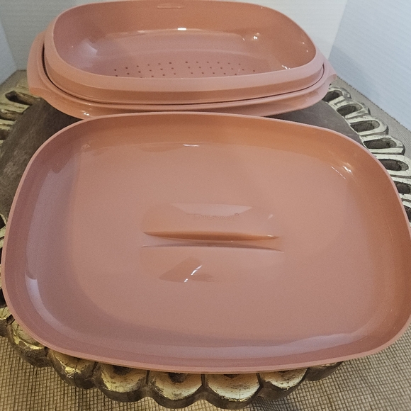 Tupperware Microwave Steamer Serving Bowl 3 Piece Dusty Rose Pink 1273-3 Vintage - Picture 3 of 14